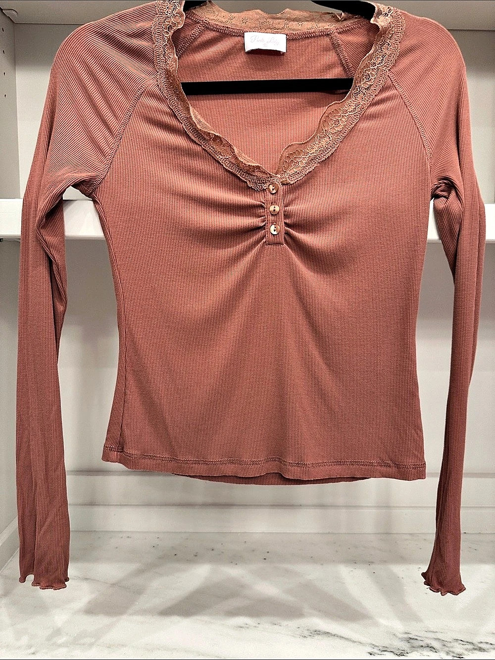 Pink Lily small rust Henley Pullover Long Sleeve Top. Like new